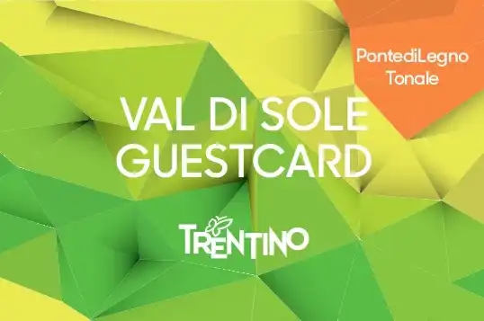 Immagine della Val di Sole Guest Card con sfondo geometrico colorato.