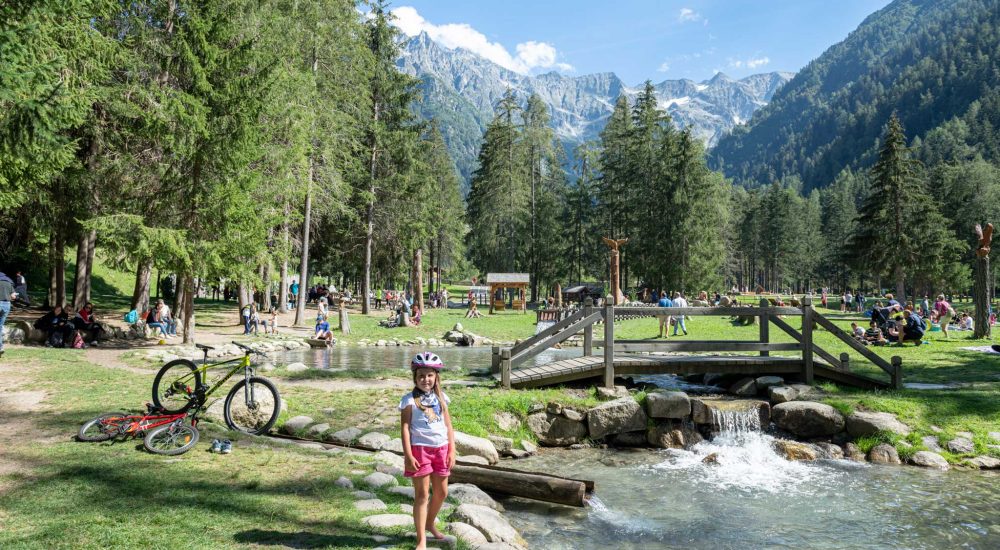 Bambina vicino a un ruscello in un parco alpino con montagne sullo sfondo.